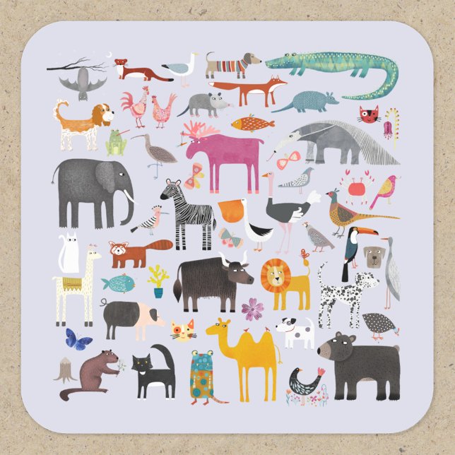 Roligt Djurmenagerie Fyrkantigt Klistermärke (Jungle, safari, zoo, wild and pet animals and bird design sticker)