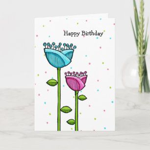 Roligt Doodle Blommor blå rosa prickar födelsedags Kort