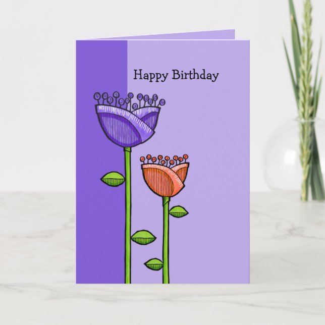 Roligt Doodle Flowers lila orange födelsedagskort Kort (Framsida)
