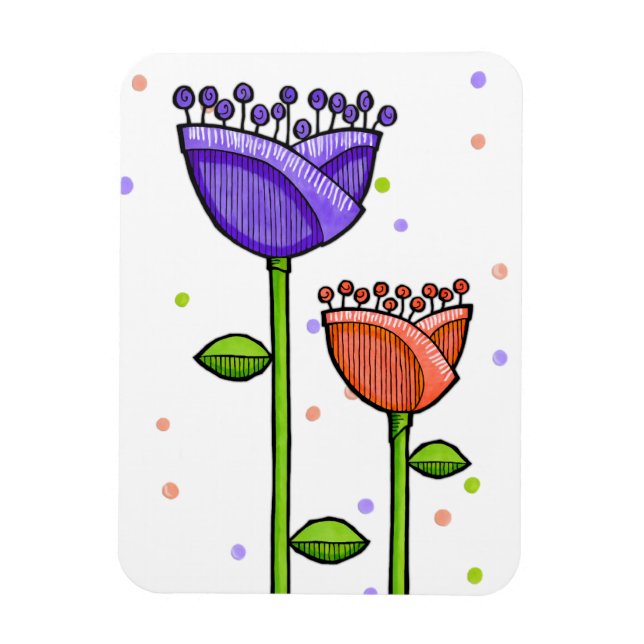 Roligt Doodle Flowers lila orange punkter Premium Magnet (Vertikal)