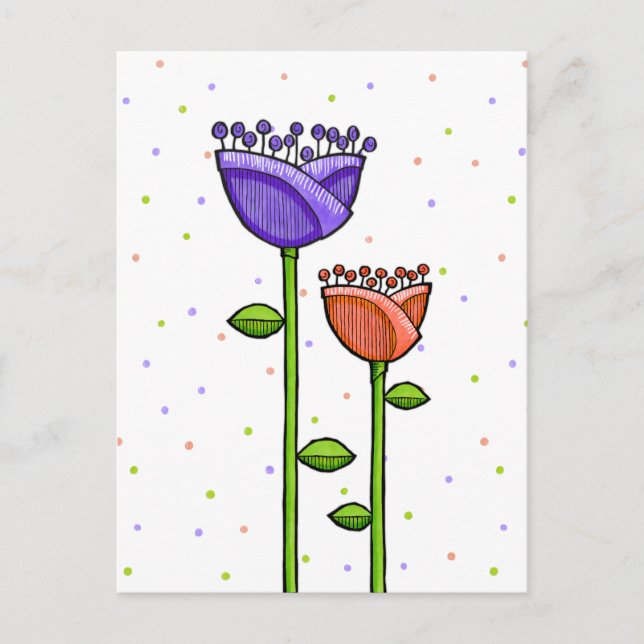 Roligt Doodle Flowers lila orange punkter vykort (Framsida)