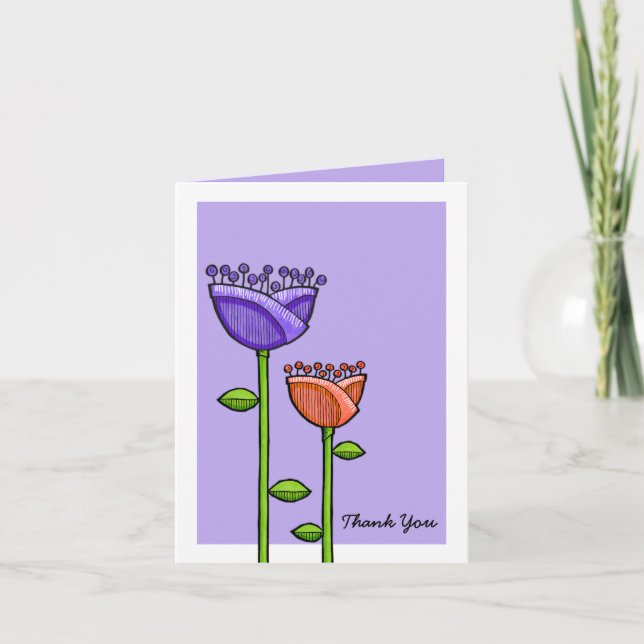 Roligt Doodle Flowers lila orange Tack Kort (Framsida)