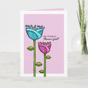 Roligt Doodle Flowers rosa blue be my Flower Girl Inbjudan