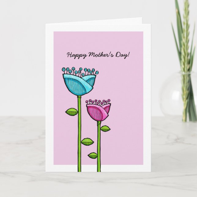 Roligt Doodle Flowers rosa Blue Mors dag Card Kort (Framsida)