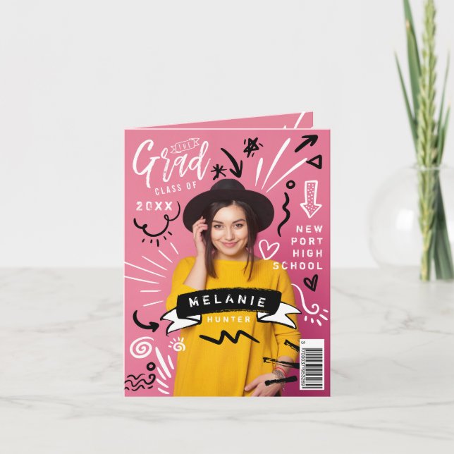 Roligt Doodle Sketch Magazine Cover Girl Grad Inbjudan (Framsida)