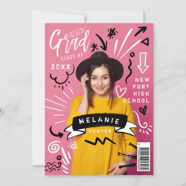 Roligt Doodle Sketch Magazine Cover Girl Grad Inbjudningar (Framsida)