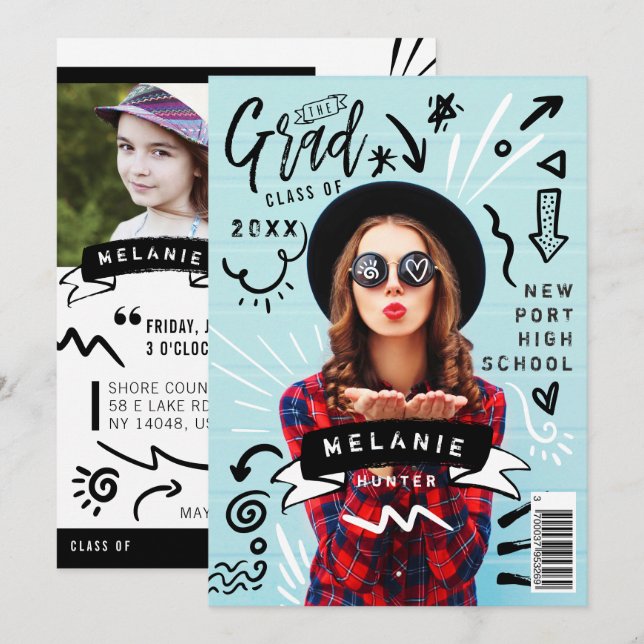 Roligt Doodle Sketch Magazine Cover Girl Grad Part Inbjudningar (Fram/baksida)
