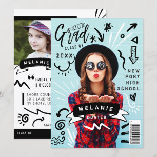 Roligt Doodle Sketch Magazine Cover Girl Grad Part Inbjudningar