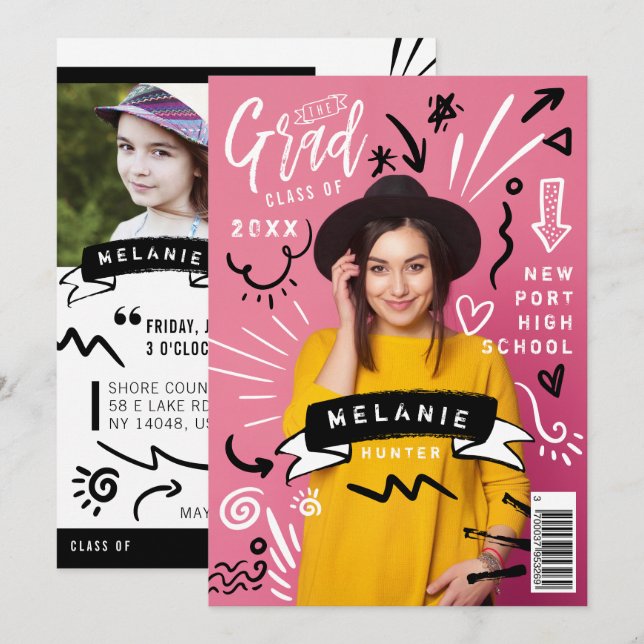 Roligt Doodle Sketch Magazine Cover Girl Grad Part Inbjudningar (Fram/baksida)