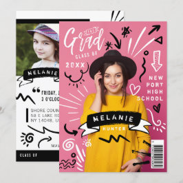 Roligt Doodle Sketch Magazine Cover Girl Grad Part Inbjudningar