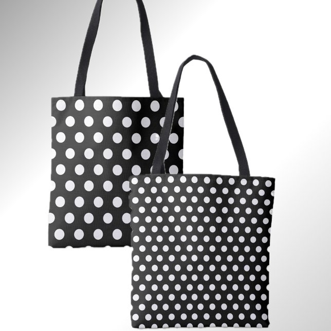 Roligt Dubbla Dots Black med White Polka Dot Tote Tygkasse (Fun dot print in classic black and white. Two styles on one bag. )