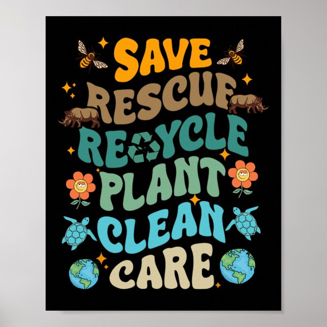 Roligt Earth Day Spara Rädding Återvinna Plant Cle Poster (Framsidan)