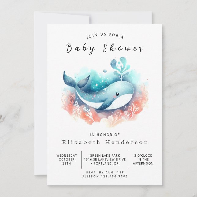 Roligt Editable Whale Baby Shower Inbjudningar (Framsida)