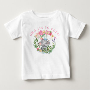 Roligt Elephant OMG så Cute Text Blommigt Rosa Gir T Shirt