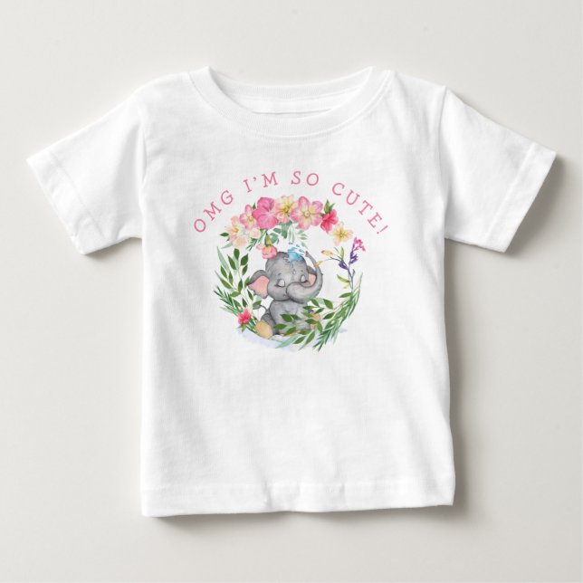 Roligt Elephant OMG så Cute Text Blommigt Rosa Gir T Shirt (Framsida)