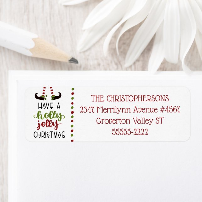 Roligt Elf Ben HOLLY JOLLY CHRISTMAS Returadress Etikett (Insitu)