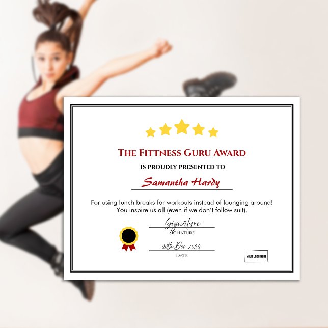 Roligt Employee Award Certificate - Fittness Guru (Customizable Award Certificate. Fun Office Workplace award certificate)