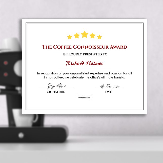 Roligt Employee Award Certificate - Office Barista (Logo Upload Fun Office Award)