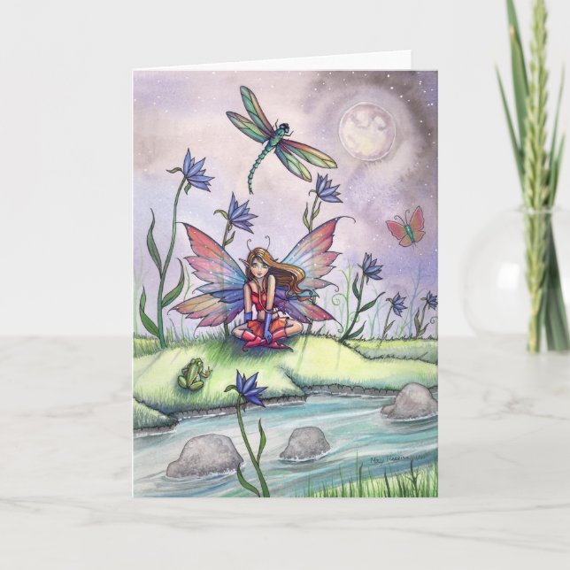 Roligt Fairy Dragonfly och Frog by Stream Card Kort (Framsida)