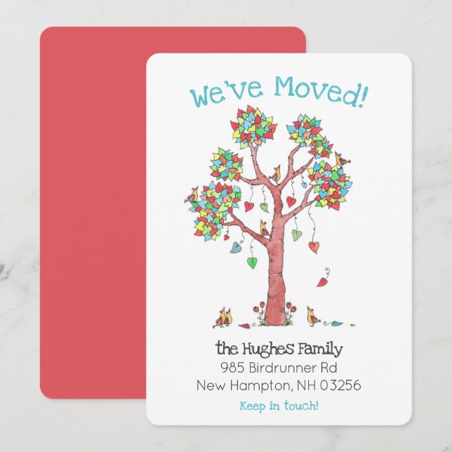 Roligt Familjefåglar i Träd på Hearts Ny adress A Meddelande (Fram/baksida)