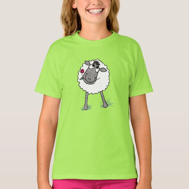 Roligt Fånig Sheep with Flower, Girls Hoodie T Shirt (Framsida)