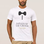 Roligt Far i Groom Black Tie Bröllop T-shirt<br><div class="desc">Dessa t-shirts med roligt är designade som favoriter eller gåvor till far i brudgummen. T-tröjan är vit och har en bild av en svart bågslips och tre knappar. Texten lyder Far i Groom och har ställe för bröllop parets namn och bröllop. Underbart tillägg till en bröllop-säck.</div>
