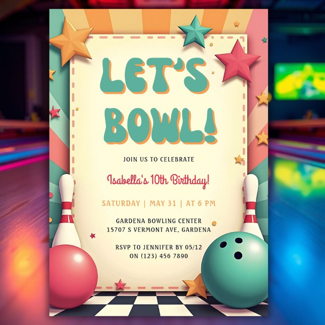 Roligt Färg Retro 50s Bowling-Födelsedagsfest Inbjudningar (Fun Colorful Retro 50s Bowling Birthday Party Invitation)