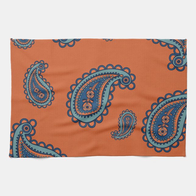 Roligt Färgblått och Orange Paisley Mönster Kökshandduk (Horisontell)
