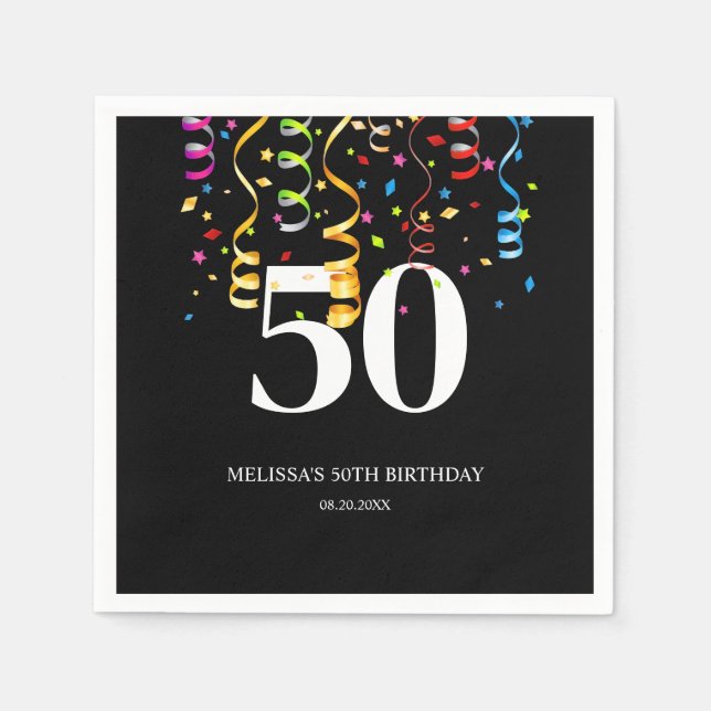 Roligt Färgfull konfetti Ribbon Black 50 födelseda Pappersservett (Framsidan)