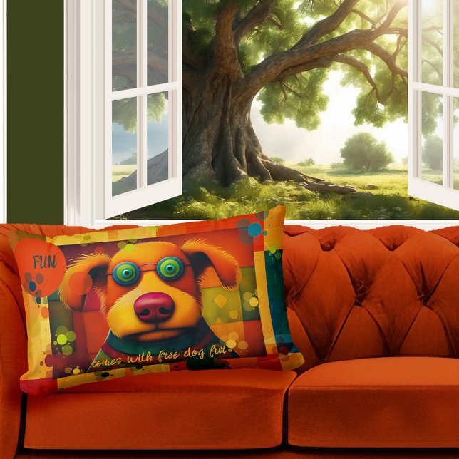 Roligt Färgfull konstnärlig Hund Lumbarkudde (Pillow featuring a colorful design with a dog and your own funny texts - nice for a child birthday)