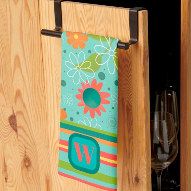 Roligt Färgfull monogram initial stripe-Blommigt Kökshandduk (Skapare uppladdad)