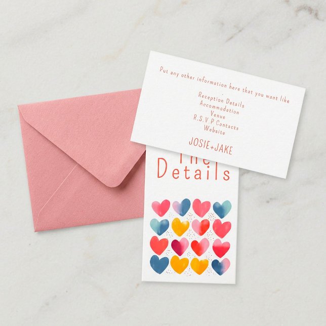 Roligt färglös kärlek-hjärtan bröllop Närmare uppg Tilläggskort (Fun colorful love hearts wedding The Details Enclosure Card.)