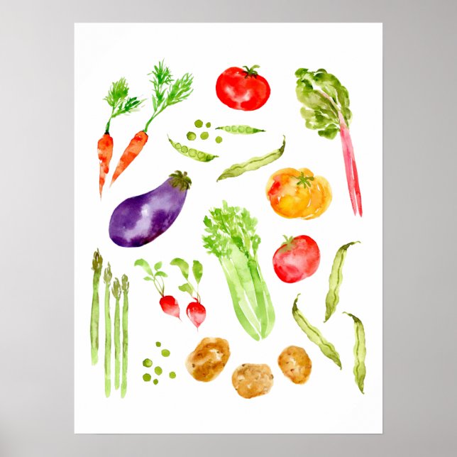 Roligt färglösa grönsaker, vattenfärgat kök poster (Framsidan)