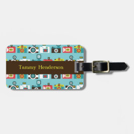 Roligt färgrikt Retro Lomo kameramönster (blått) Bagagebricka