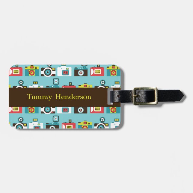 Roligt färgrikt Retro Lomo kameramönster (blått) Bagagebricka (Horisontell Framsida)