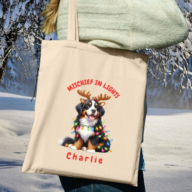 Roligt Festive Ljus Antlers Watercolor Bernese Hun Tygkasse (Carry festive cheer with this custom fun Bernese dog tote bag. A perfect gift for dog lovers.)