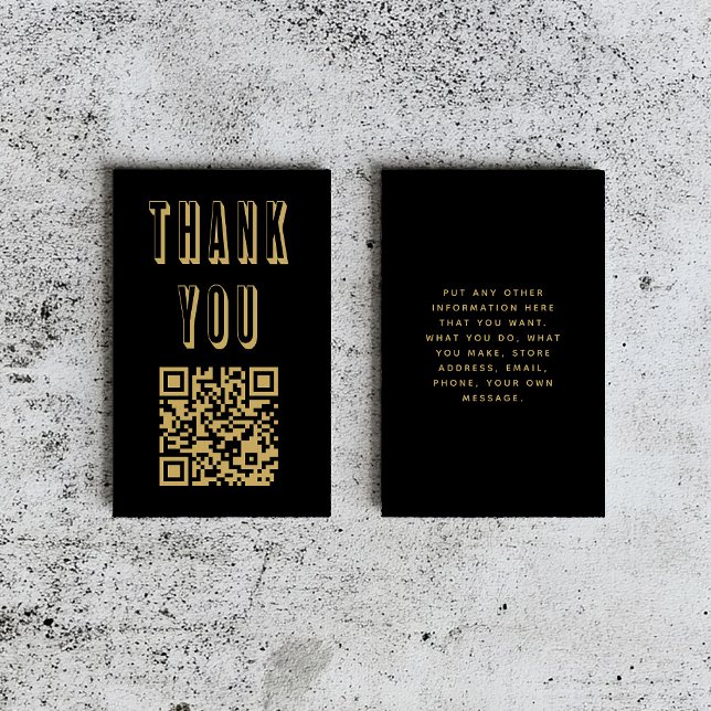 Roligt fet tack för guld QR-kodadaptern Tilläggskort (Bold black and gold thank-you insert card with QR code, displayed on a rustic surface)