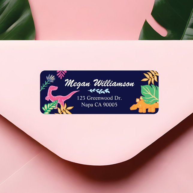 Roligt, fetstil och färgstarka Dinosaur Jungle Löv Returadress Etikett (Fun, Bold & Colourful Dinosaur Jungle Leaves Label)