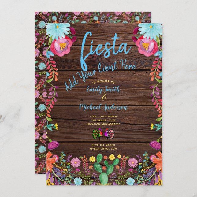 Roligt Fiesta Watercolor Folk Flowers Par Inbjudan (Fram/baksida)