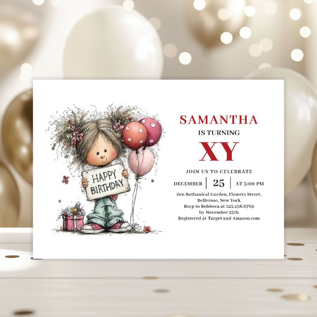 Roligt Fint Litet Flicka Funky Födelsedagsinbjudan Inbjudningar (Whimsy Cute Little Girl Funky Birthday Invitation

)