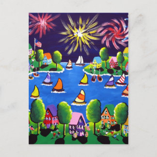 Roligt Fireworks 4:e juli Folk Art Vykort