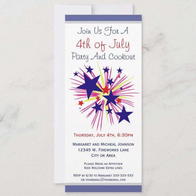 Roligt Fireworks och Stars on White 4 juli Party Inbjudningar (Framsida)