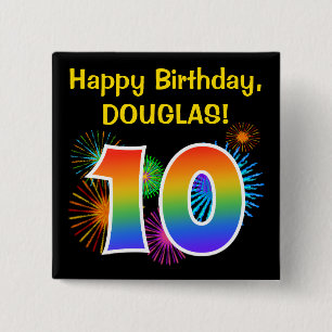 Roligt Fireworks + Rainbow Mönster ’10’ Birthday # Knapp