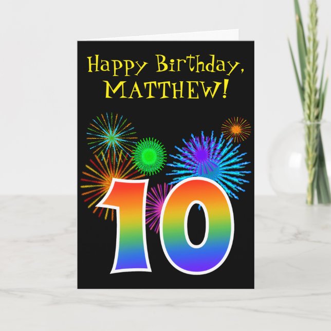 Roligt Fireworks + Rainbow Mönster ’10’ Birthday # Kort (Framsida)