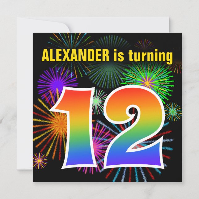 Roligt Fireworks + Rainbow Mönster ’12’ Birthday # Inbjudningar (Framsida)