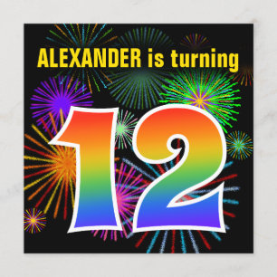 Roligt Fireworks + Rainbow Mönster ’12’ Birthday # Inbjudningar