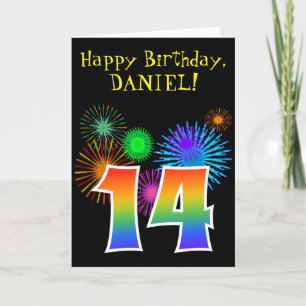 Roligt Fireworks + Rainbow Mönster ’14’ Birthday # Kort