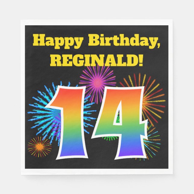 Roligt Fireworks + Rainbow Mönster ’14’ Birthday # Pappersservett (Framsidan)
