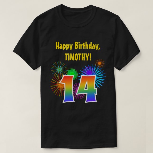 Roligt Fireworks + Rainbow Mönster ’14’ Birthday # T Shirt (Design framsida)