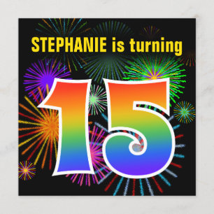 Roligt Fireworks + Rainbow Mönster ’15’ Birthday # Inbjudningar